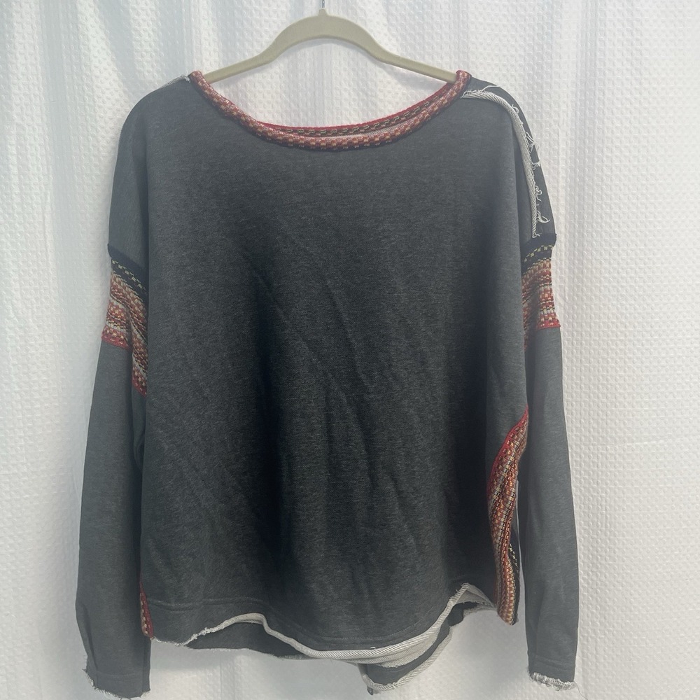 Natural Life Charcoal Gray Knit Trim Oversized Sweatshirt S/M Boho Festival